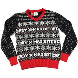 Spencers Merry X-Mas Bitches Ugly Christmas Sweater V-Neck Black Red Women's S